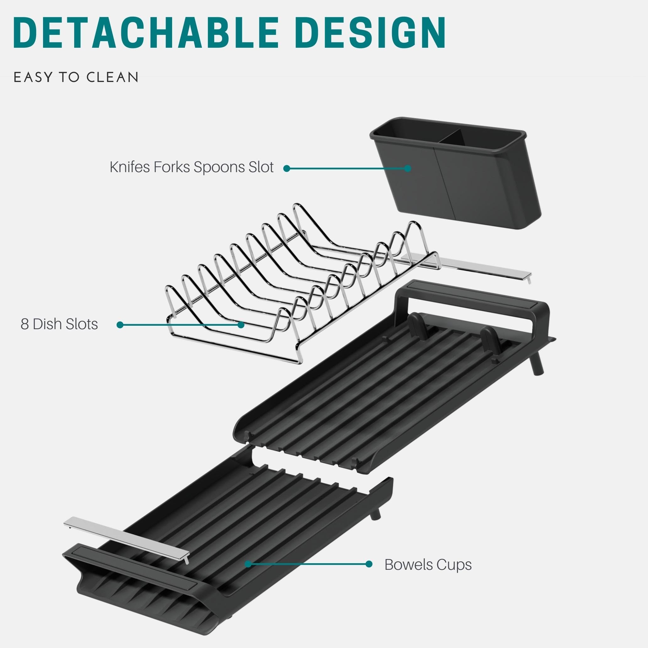 E-ROOM TREND Extendable Dish Drying Rack, Multifunctional Dish Rack for Kitchen Counter, Anti-Rust Drying Dish Rack with Cutlery Holders 18.6" L x 7.9" W, Black(DR402B)