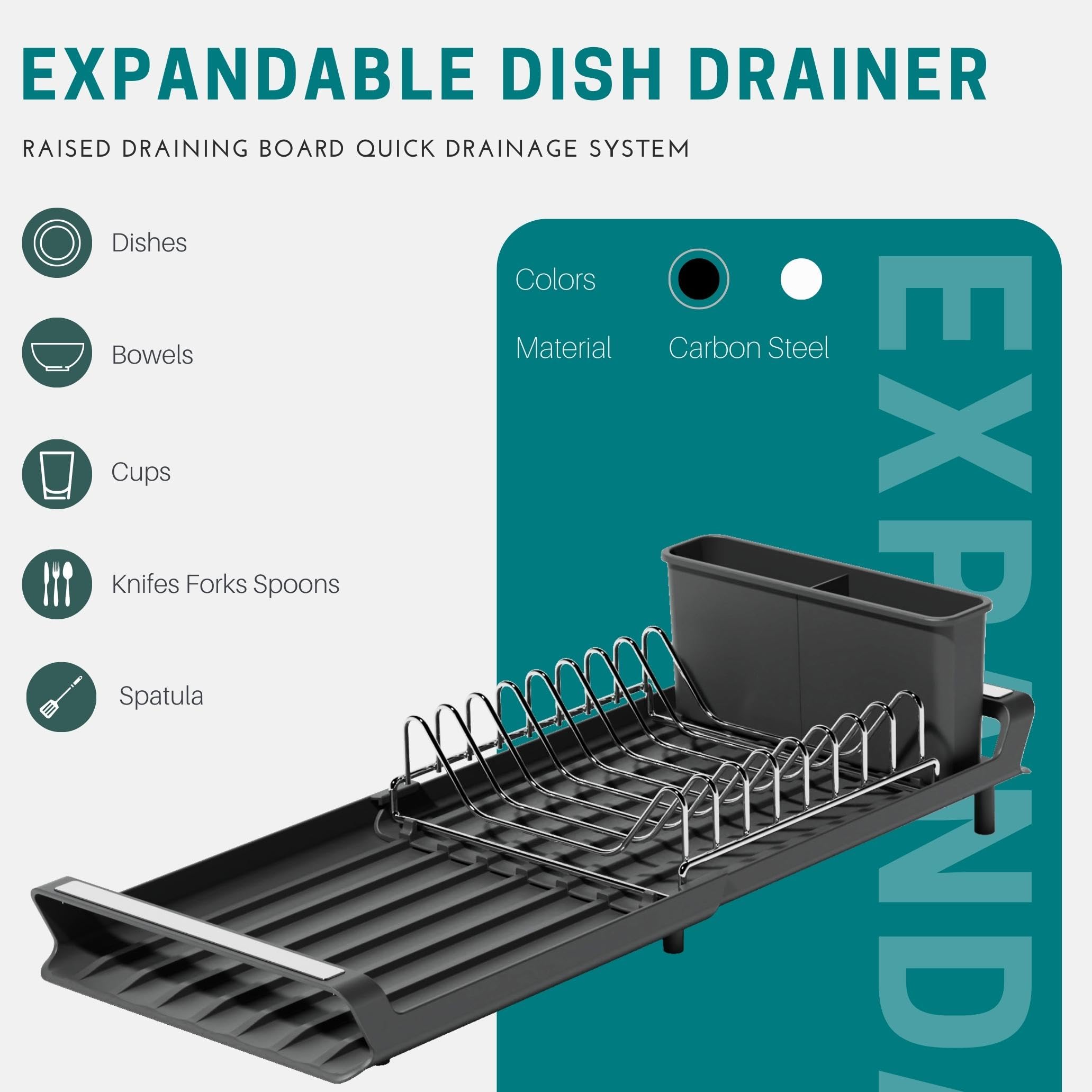 E-ROOM TREND Extendable Dish Drying Rack, Multifunctional Dish Rack for Kitchen Counter, Anti-Rust Drying Dish Rack with Cutlery Holders 18.6" L x 7.9" W, Black(DR402B)