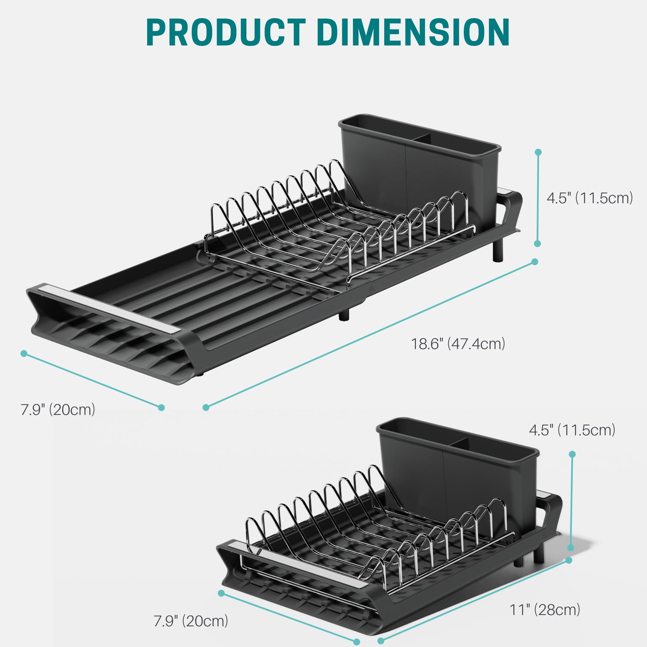 E-ROOM TREND Extendable Dish Drying Rack, Multifunctional Dish Rack for Kitchen Counter, Anti-Rust Drying Dish Rack with Cutlery Holders 18.6" L x 7.9" W, Black(DR402B)