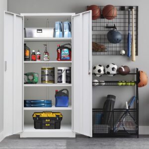 YEEZER Metal Storage Cabinet with Locking Doors and Shelves, 71" Large Garage Locker with 4 Adjustable Shelves, Steel File Cabinet for Office, Garage, Home & Pantry (White)