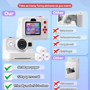 Dylanto Instant Print Camera for Kids,2.4 Inch Screen Kids Instant Cameras, Christmas Birthday Gifts for Girls Age 3-12, Portable Toddler Toy for 3 4 5 6 7 8 9 10 Year Old Girls Boys White