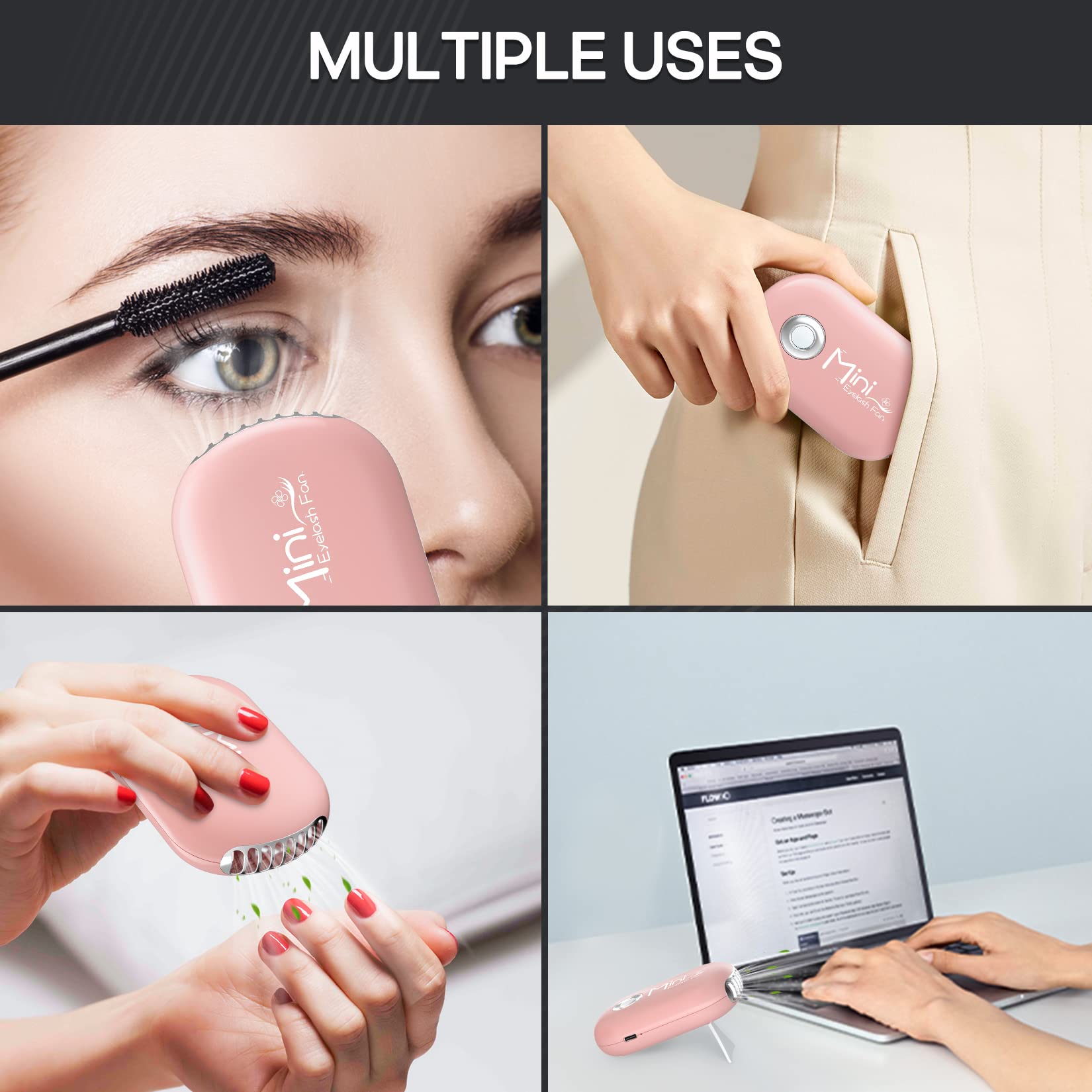 Buqikma USB Mini Lash Fan with Built in Sponge for Eyelash Extension Handheld Air Conditioning Rechargable Type C (Pink)