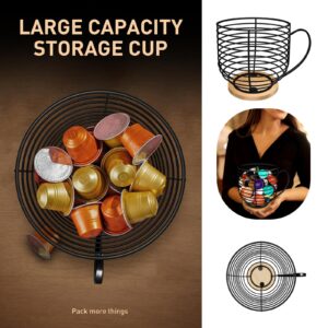 Coffee Pod Holders for Counter - K Cup Holders for Counter - Coffee Pods Storage Organizer - Coffee Bar Accessories - Large Capacity Black Wire Kup Storage with Wooden Base.