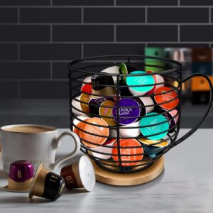 Coffee Pod Holders for Counter - K Cup Holders for Counter - Coffee Pods Storage Organizer - Coffee Bar Accessories - Large Capacity Black Wire Kup Storage with Wooden Base.