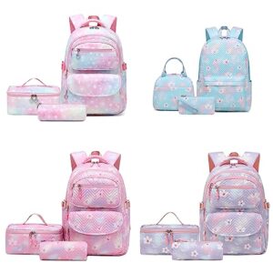 Daisy Print Backpacks for Girls 3pcs Bookbag with Lunch Bag Primary Junior High University School Bag，Pencil Bag Outdoor Daypack