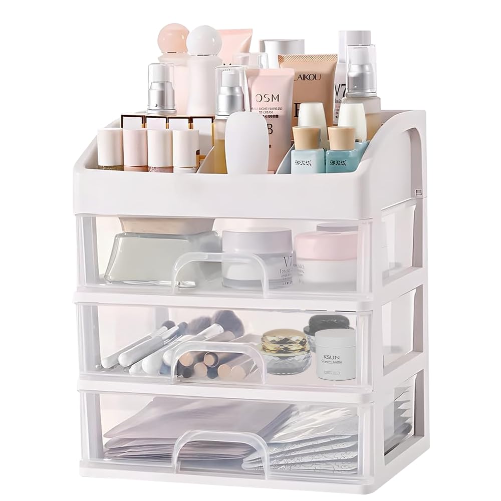 Nenozi Cosmetic Storage Box, White, 3 Large Drawers, 6 Top Compartments, PP Plastic, 11 x 7 x 5.5 in