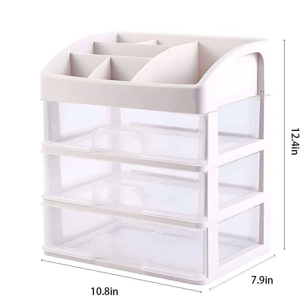 Nenozi Cosmetic Storage Box, White, 3 Large Drawers, 6 Top Compartments, PP Plastic, 11 x 7 x 5.5 in