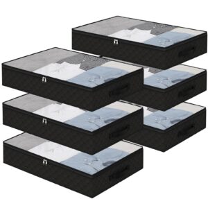 fixwal black underbed storage bags with clear window and 2 reinforced handles under bed storage containers for clothing, bedding, comforter（6 pack）