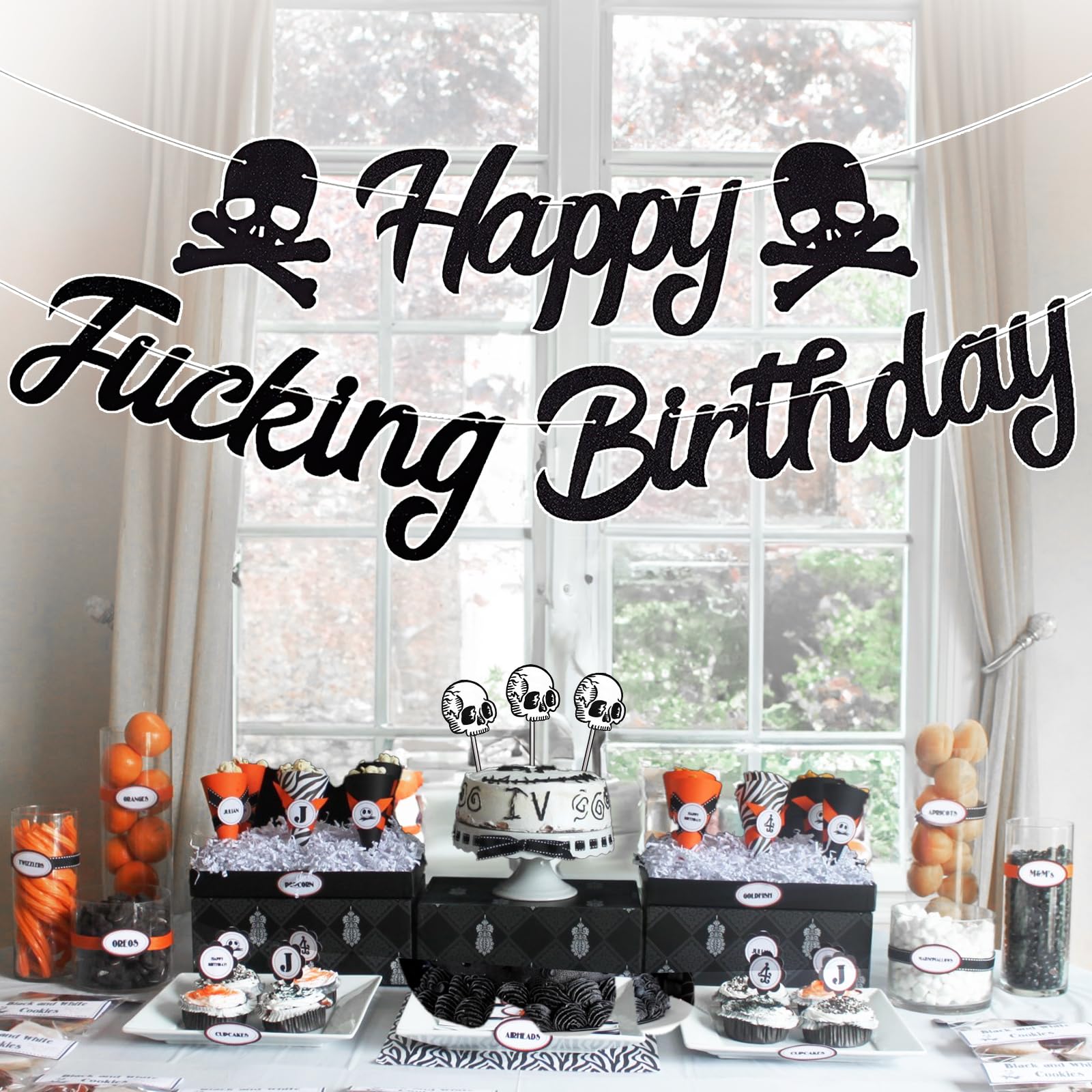 Gothic Birthday Decorations Funny Happy Birthday Banner Black Bunting Banner Skull Sign Theme Party Decor Adult Birthday for Decorations Supplies