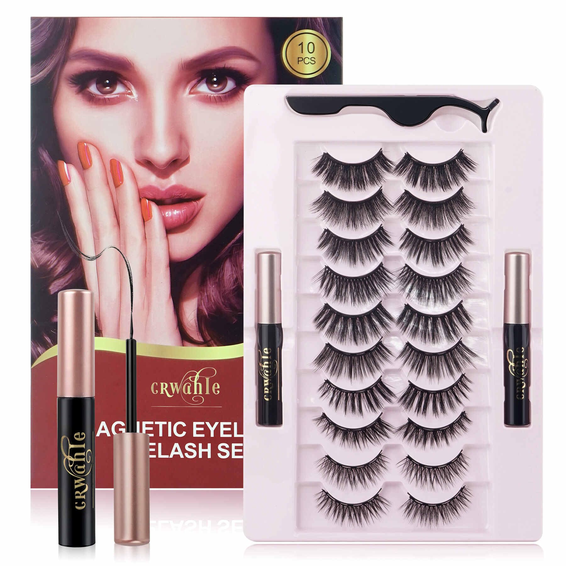 Magnetic Eyelashes Kit ， Crwahie 10 Pair Magnetic Lashes with Eyeliner & Tool, 3D Long Lasting Magnetic Eyelashes Natural Look Reusable Sweatproof False Eyelashes, Easy to Wear, No Glue Needed