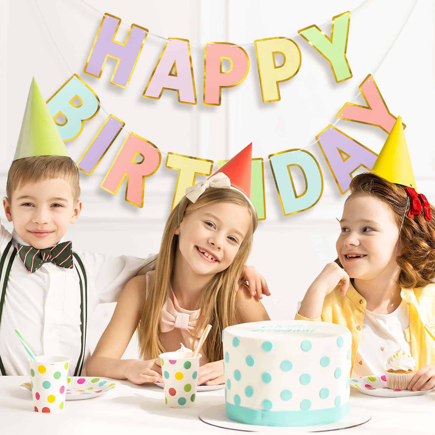 LITAUS, Macaron Happy Birthday Banner - Pre-Strung, 9 ft, No DIY | Birthday Decorations | Happy Birthday Sign for Birthday Decor, Backdrop | Birthday Banner for Women, Kids | Macaron Birthday