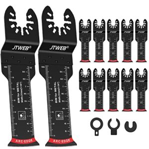 jtweb extra long oscillating saw blades - 12pcs arc edge bi-metal multitool blades precise cut for wood with nails, wood, metal, universal quick release power oscillating tool blades kits for dewalt