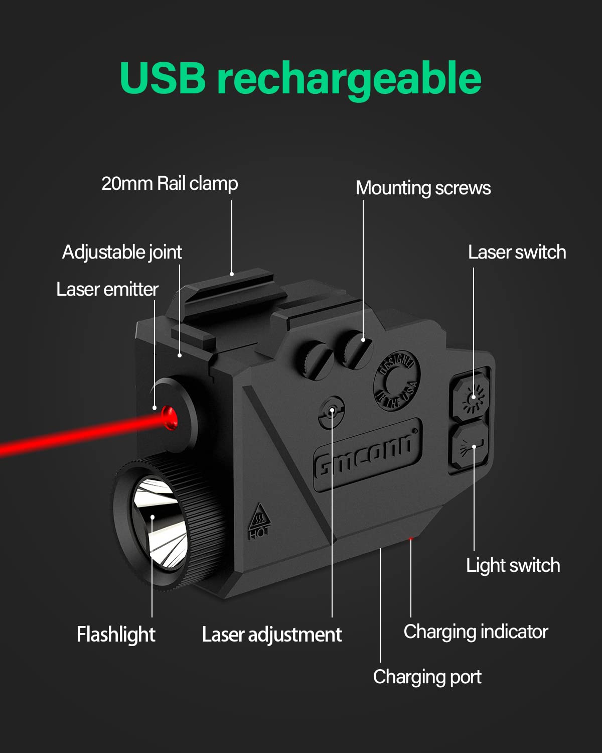 Gmconn Gun Light Red Laser Sight Weapon Pistol Flashlight, 800 Lumen LED Flashlight with Red Beam for Glock