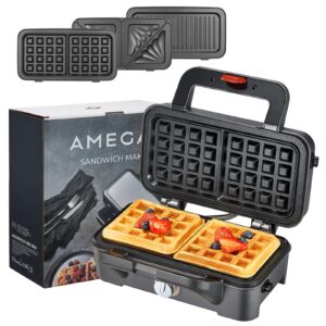 amegat 3 in 1 sandwich maker, waffle maker with removables plates, panini press waffle iron set with 5-gear temperature control, non-stick coating cool touch handle anti-skid feet for breakfast, 1200w