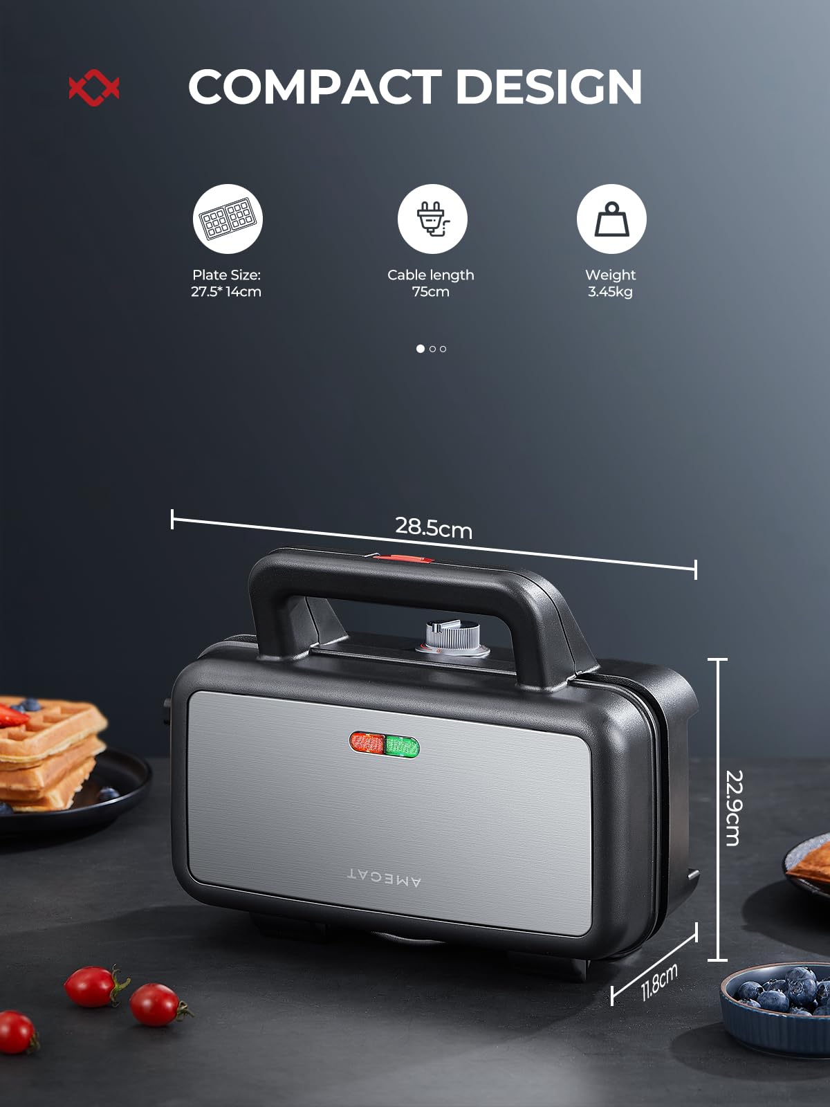 AMEGAT 3 in 1 Sandwich Maker, Waffle Maker with Removables Plates, Panini Press Waffle Iron Set with 5-gear Temperature Control, Non-stick Coating Cool Touch Handle Anti-skid Feet for Breakfast, 1200W