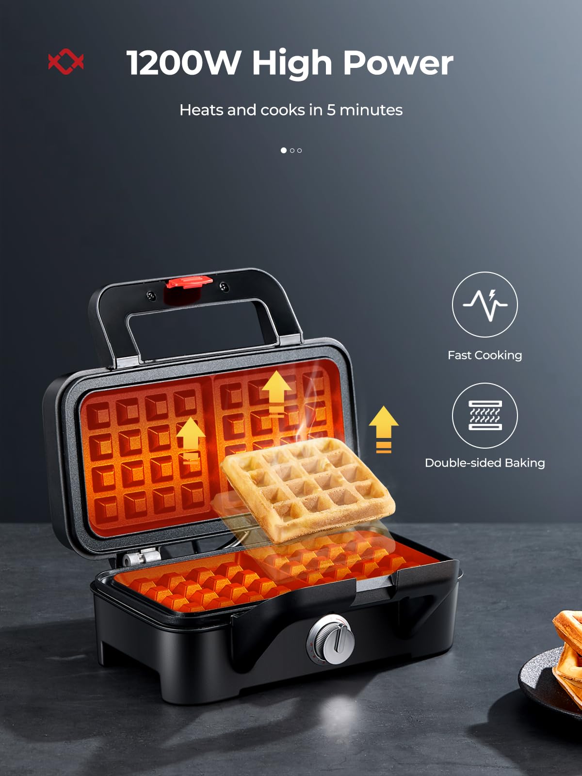 AMEGAT 3 in 1 Sandwich Maker, Waffle Maker with Removables Plates, Panini Press Waffle Iron Set with 5-gear Temperature Control, Non-stick Coating Cool Touch Handle Anti-skid Feet for Breakfast, 1200W