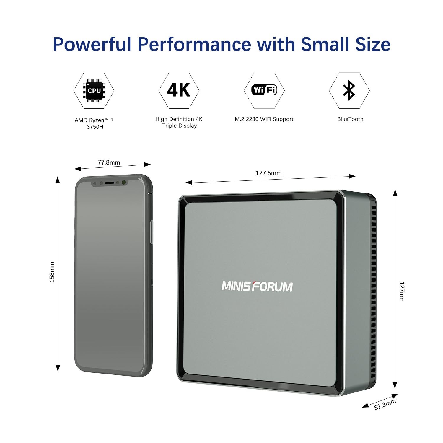 MINISFORUM Mini PC AMD Ryzen 7 3750H UM700|16 GB RAM 256GB PCIe SSD Mini Desktop Computer with Radeon RX Vega 10 Graphics | Dual WiFi BT 5.1 | HDMI/Display/USB-C | 1 X RJ45 | 5X USB Port