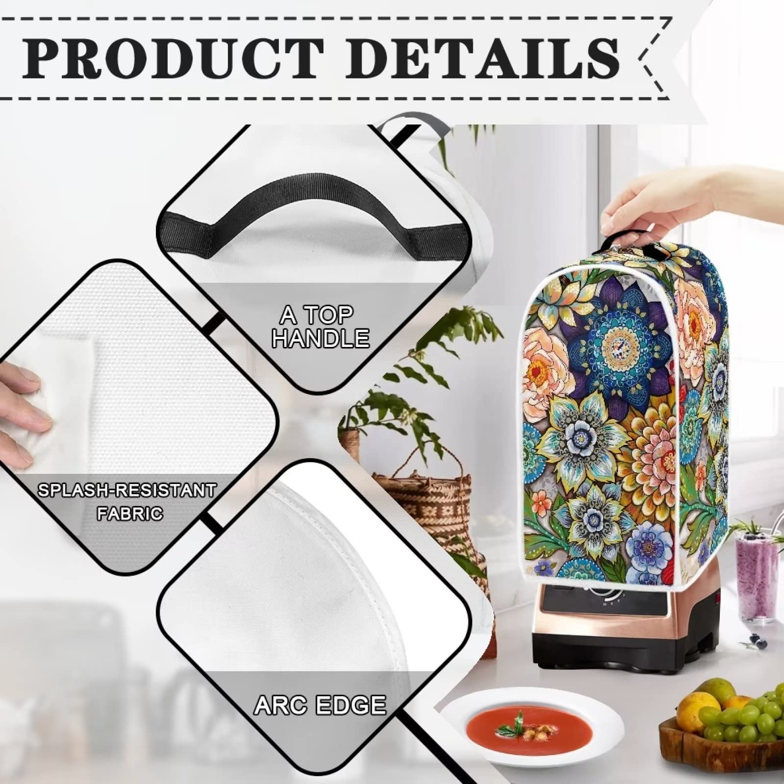 HUISEFOR Blender Covers Kitchen Appliance Dustproof Cover with Handle, Washable Kitchen Universal Food Processor Juicer Coffee Maker Cover, Vintage Mandala Flower
