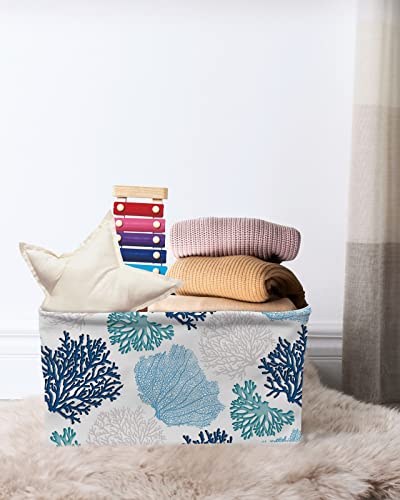 Blue Teal Coral Storage Basket Waterproof Cube Storage Bin Organizer with Handles, Summer Beach Coastal Modern Geometric Collapsible Storage Cubes Bins for Clothes Books Toys 15"x11"x9.5" 2 Pcs