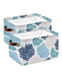 blue teal coral storage basket waterproof cube storage bin organizer with handles, summer beach coastal modern geometric collapsible storage cubes bins for clothes books toys 15"x11"x9.5" 2 pcs