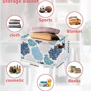 Blue Teal Coral Storage Basket Waterproof Cube Storage Bin Organizer with Handles, Summer Beach Coastal Modern Geometric Collapsible Storage Cubes Bins for Clothes Books Toys 15"x11"x9.5" 2 Pcs