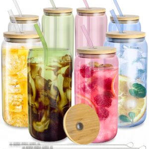 fullstar Glass Cups with Lids and Straws - Drinking Glasses, Glass Tumbler with Straw and Lid, Iced Coffee Cups, Glass Coffee Cups with Bamboo Lids (Multicolor No Sleeves, 8 Pack)