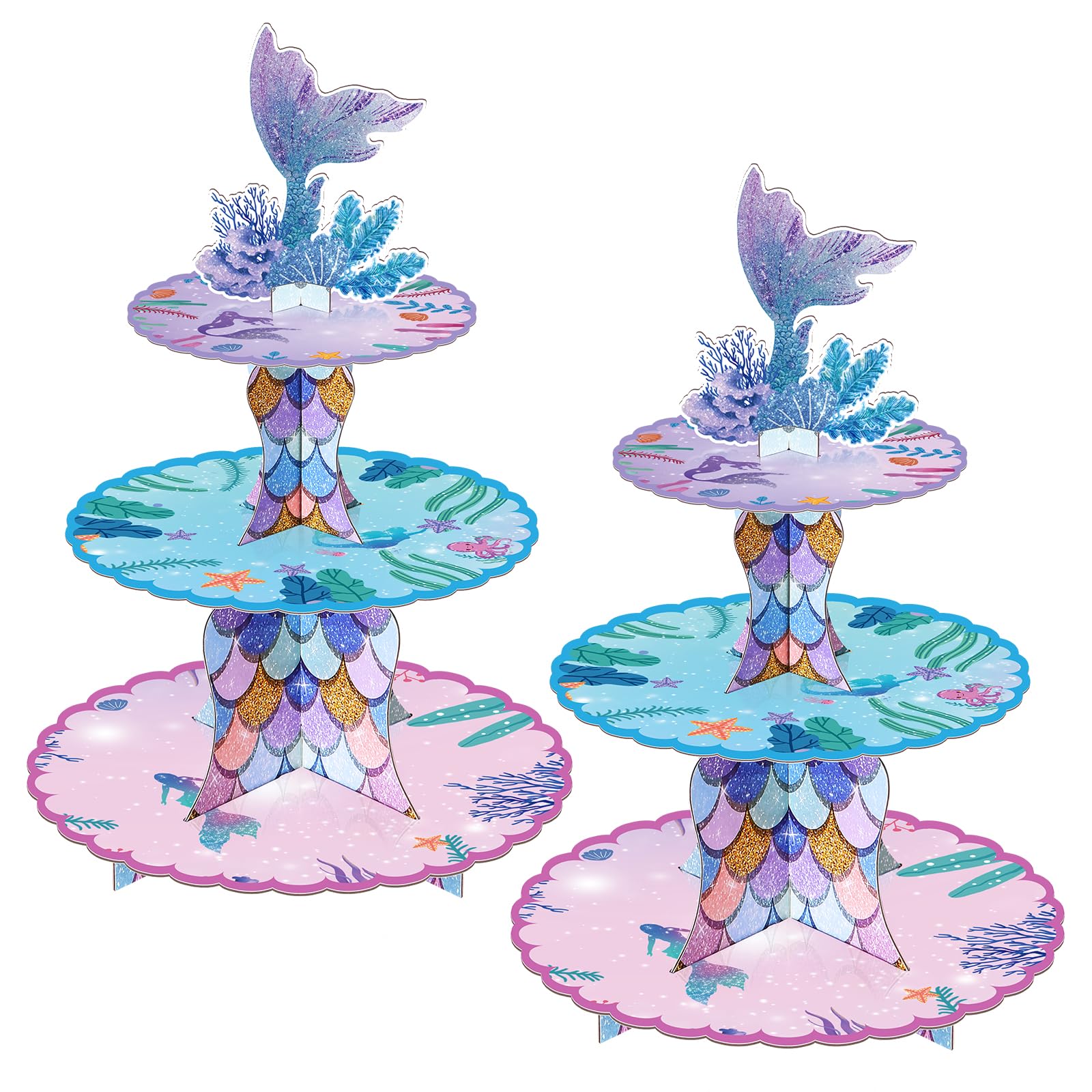 BACUTHY 2 Pack Mermaid Cupcake Stand Birthday Party Decorations, Under The Sea Supplies Favors with Mermaid Tail Toppers for Little Girl, Baby Shower