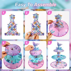 BACUTHY 2 Pack Mermaid Cupcake Stand Birthday Party Decorations, Under The Sea Supplies Favors with Mermaid Tail Toppers for Little Girl, Baby Shower