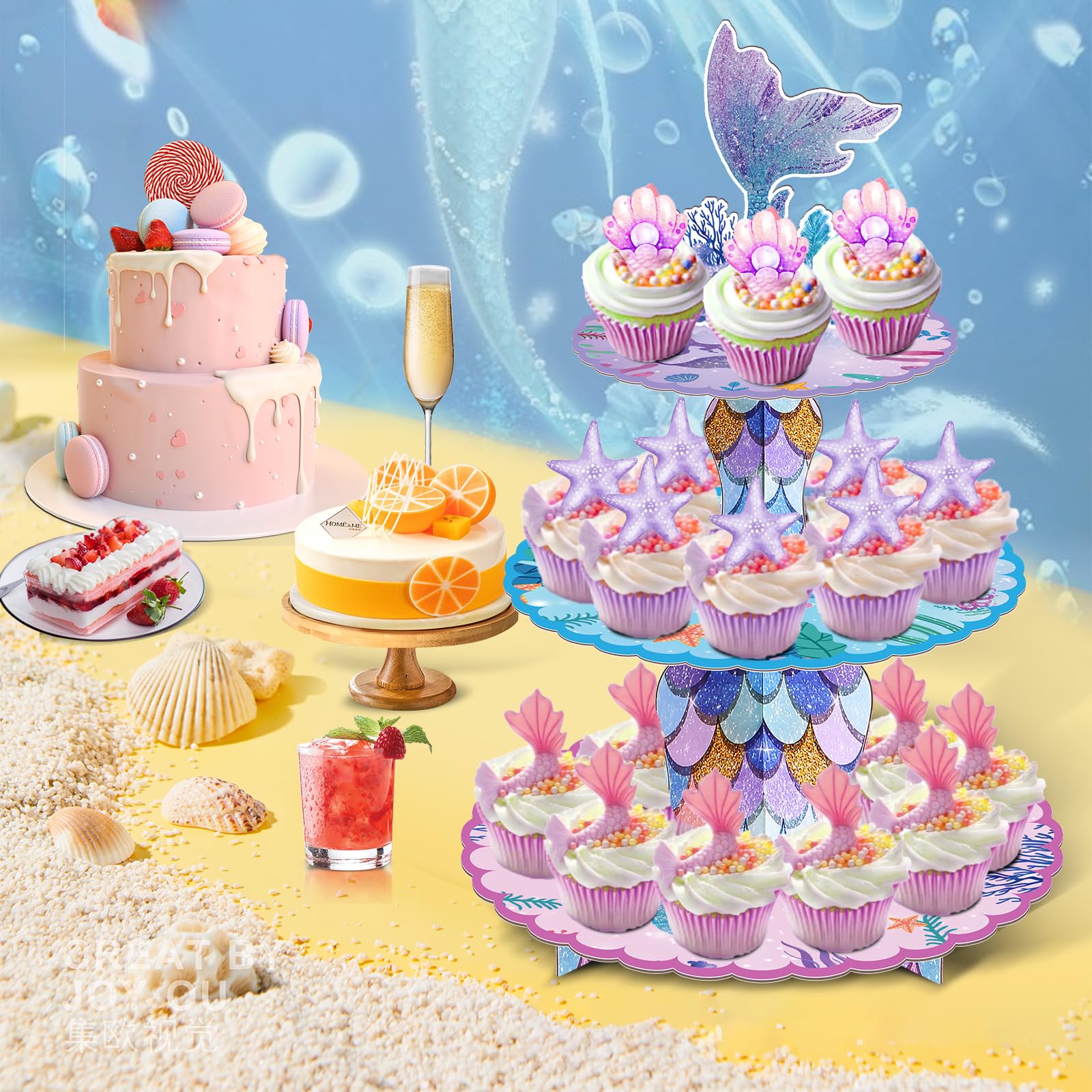 BACUTHY 2 Pack Mermaid Cupcake Stand Birthday Party Decorations, Under The Sea Supplies Favors with Mermaid Tail Toppers for Little Girl, Baby Shower