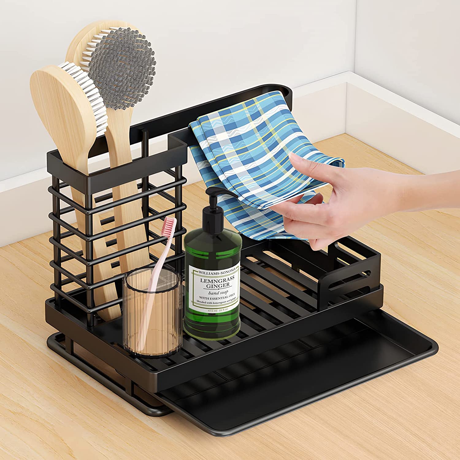 Kitchen Sink Caddy, Kitchen Sink Organizer Caddy, Sponge Holder Kitchen Sink Caddy with Drain Tray Pan, Stainless Steel Rustproof Sturdy Kitchen Sponge Brush Holder Storage for Dish Soap Dishcloth