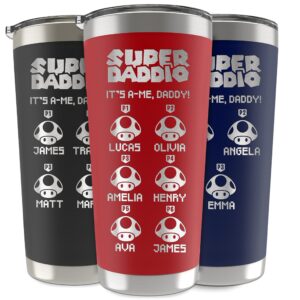 super daddio tumbler with kids names, personalized tumblers for dad, 13 vibrant colors - 20oz & 30oz, double-walled stainless steel dad tumbler