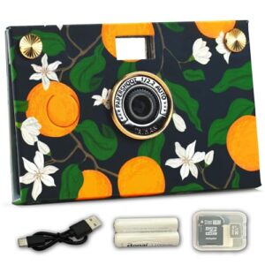 paper shoot camera - 18mp compact digital papershoot camera gift for kid with four filters, 10 sec video & timelapse - includes: 32gb sd card, 2 batteries & camera case - summer bloom orange