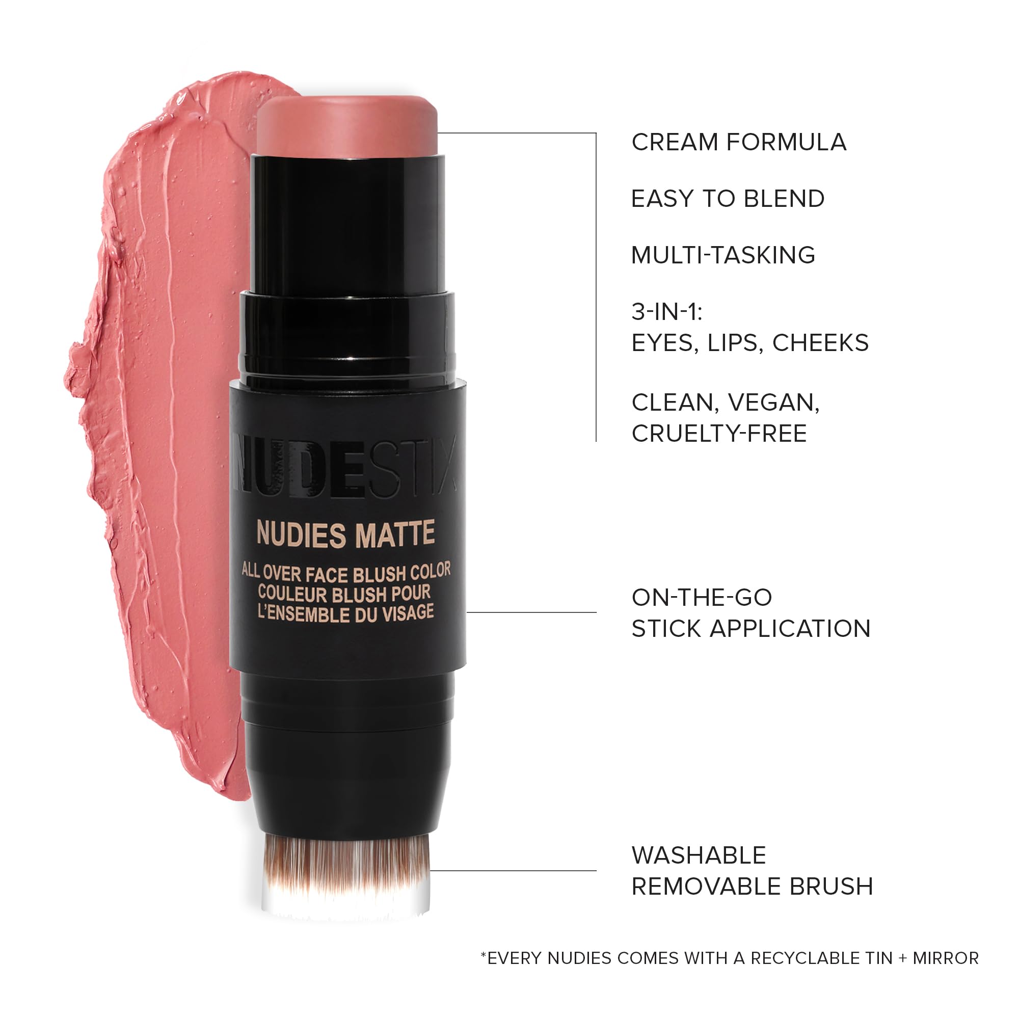 Nudestix Nudies Matte Cream Blush Stick 3-in-1 All Over Face Color - Blush Stick for Cheeks Eyes and Lips - Cream Blush for Cheeks w/Blending Brush (Naughty N' Spice)