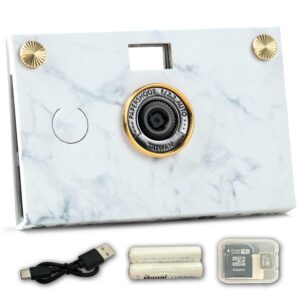 paper shoot camera - 18mp compact digital papershoot camera gift for kid with four filters, 10 sec video & timelapse - includes: 32gb sd card, 2 batteries & camera case - white marble