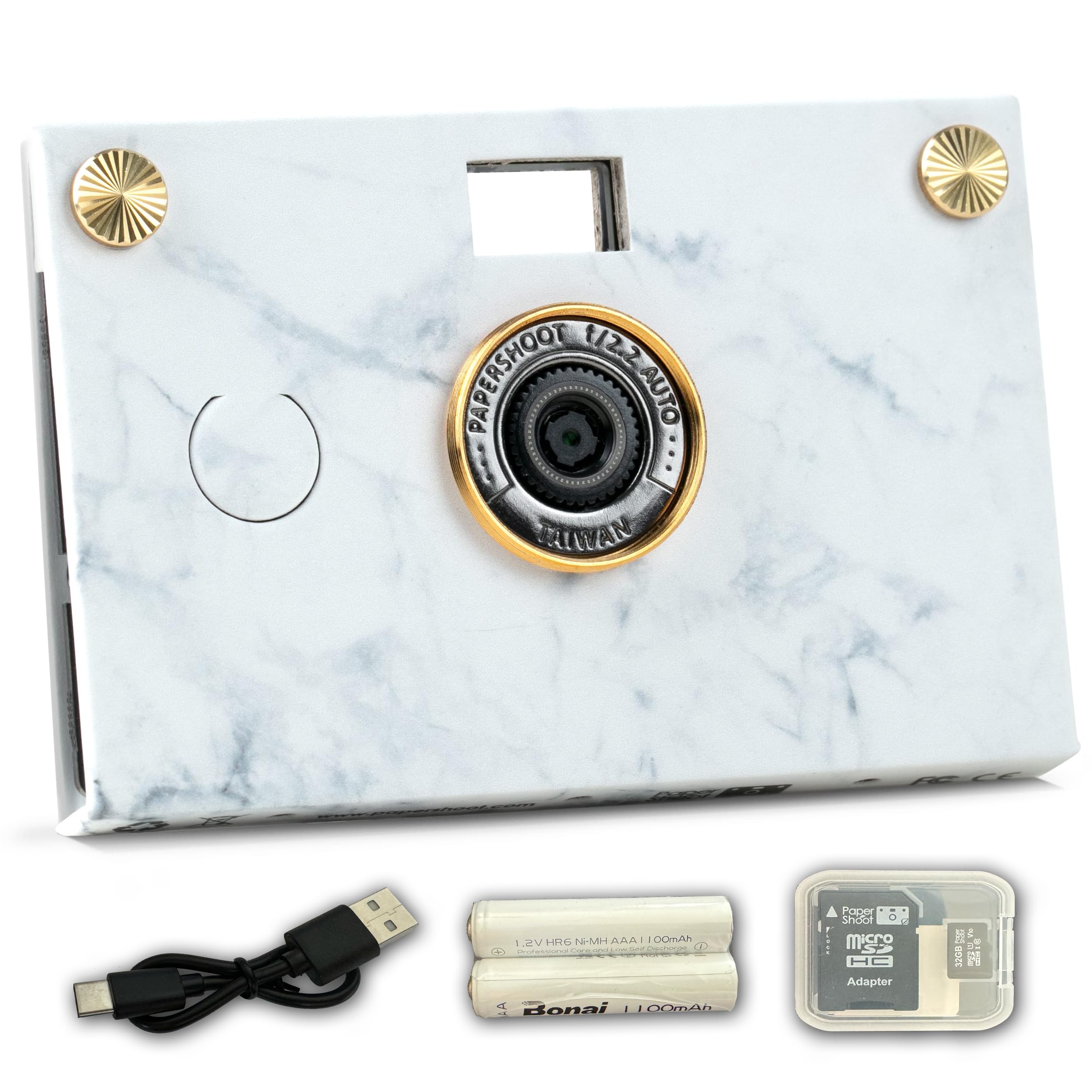 Paper Shoot Camera - 18MP Compact Digital Papershoot Camera Gift for Kid with Four Filters, 10 Sec Video & Timelapse - Includes: 32GB SD Card, 2 Batteries & Camera Case - White Marble