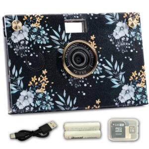 paper shoot camera - 18mp compact digital papershoot camera gift for kid with four filters, 10 sec video & timelapse - includes: 32gb sd card, 2 batteries & camera case - summer bloom quiet