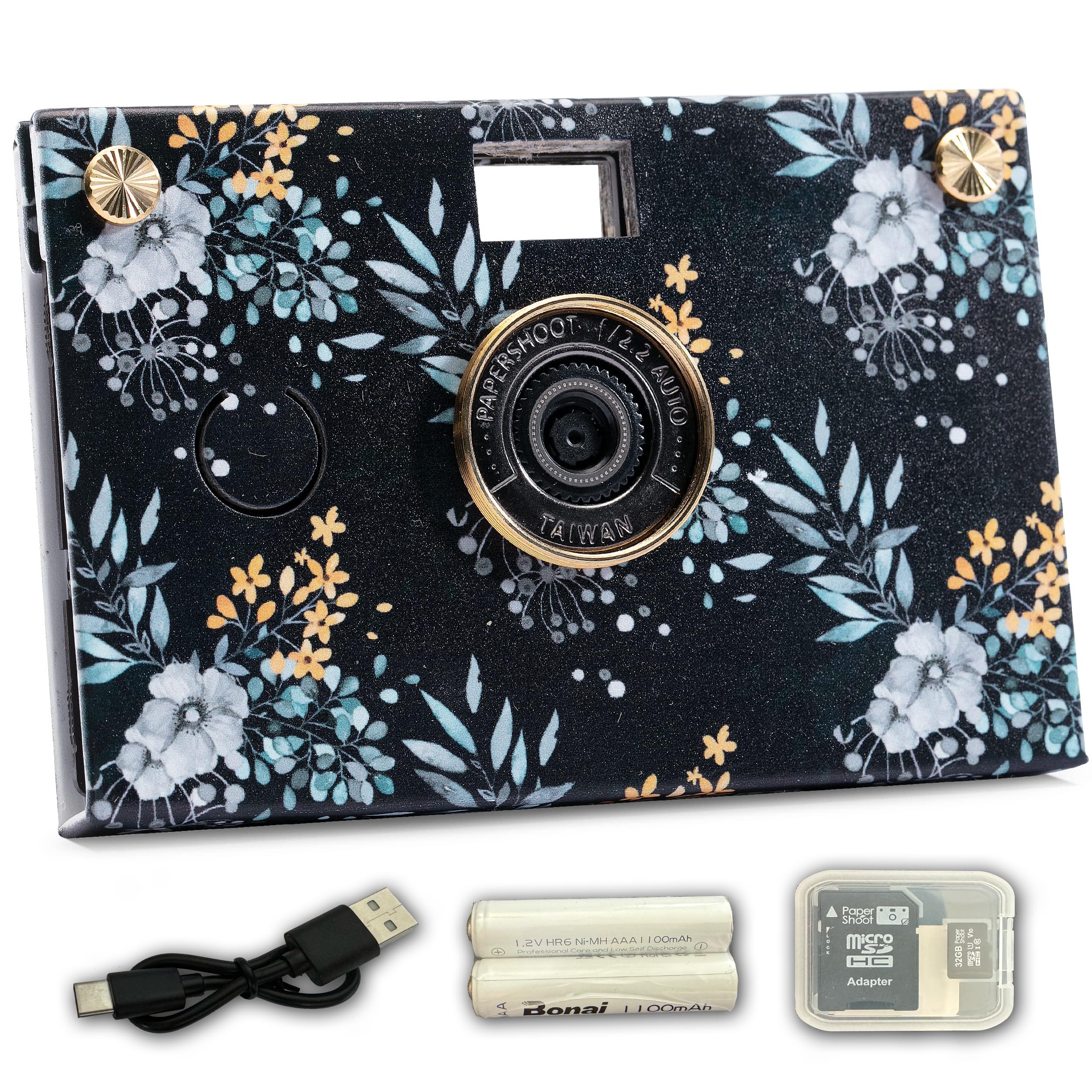 Paper Shoot Camera - 18MP Compact Digital Papershoot Camera Gift for Kid with Four Filters, 10 Sec Video & Timelapse - Includes: 32GB SD Card, 2 Batteries & Camera Case - Summer Bloom Quiet