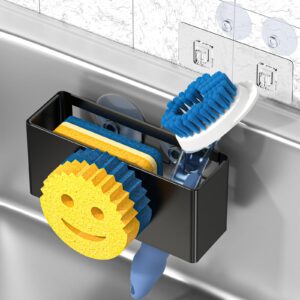 utobao sponge holder, smiley face kitchen sink caddy for kitchen sink, sink brush holder for holding smiling face scrubber, soap, dish brush,2 installation ways (suction cups & adhesive hook)-black