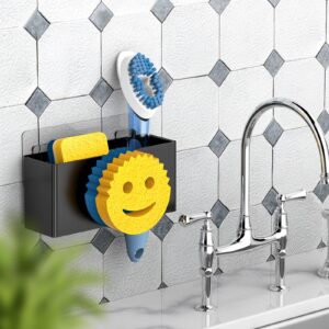 Utobao Sponge Holder, Smiley Face Kitchen Sink Caddy for Kitchen Sink, Sink Brush Holder for Holding Smiling Face Scrubber, Soap, Dish Brush,2 Installation Ways (Suction Cups & Adhesive Hook)-Black