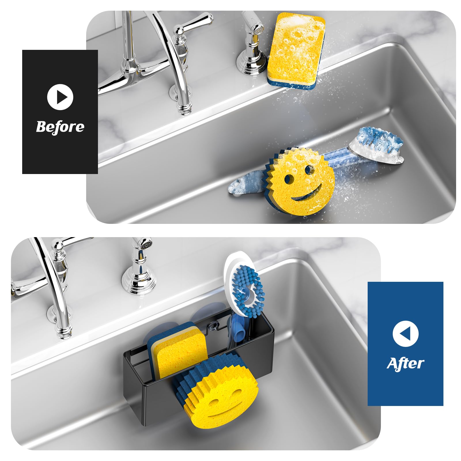 Utobao Sponge Holder, Smiley Face Kitchen Sink Caddy for Kitchen Sink, Sink Brush Holder for Holding Smiling Face Scrubber, Soap, Dish Brush,2 Installation Ways (Suction Cups & Adhesive Hook)-Black