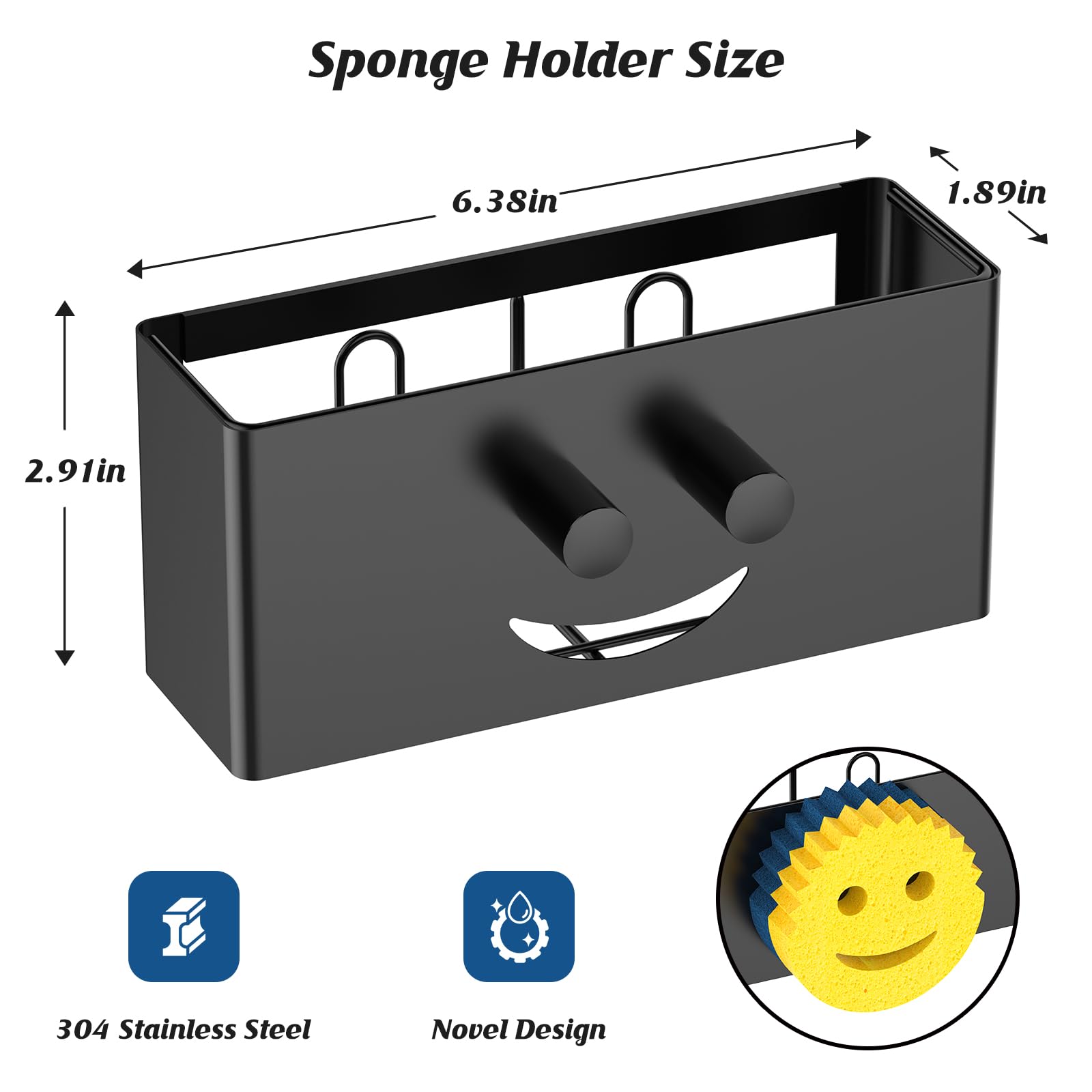 Utobao Sponge Holder, Smiley Face Kitchen Sink Caddy for Kitchen Sink, Sink Brush Holder for Holding Smiling Face Scrubber, Soap, Dish Brush,2 Installation Ways (Suction Cups & Adhesive Hook)-Black