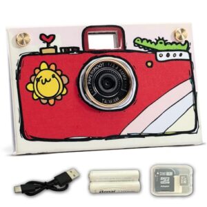 paper shoot camera - 18mp compact digital papershoot camera gift for kid with four filters, 10 sec video & timelapse - includes: 32gb sd card, 2 batteries & camera case - red hand drawn