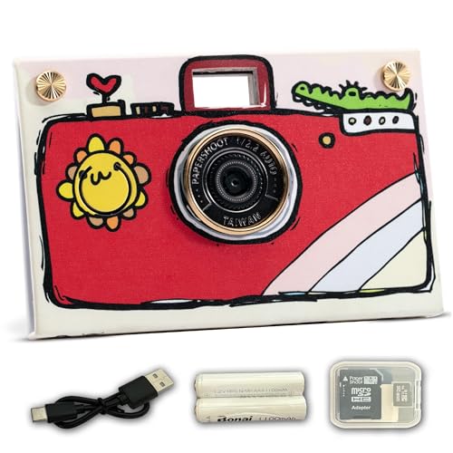 Paper Shoot Camera - 18MP Compact Digital Papershoot Camera Gift for Kid with Four Filters, 10 Sec Video & Timelapse - Includes: 32GB SD Card, 2 Batteries & Camera Case - Red Hand Drawn