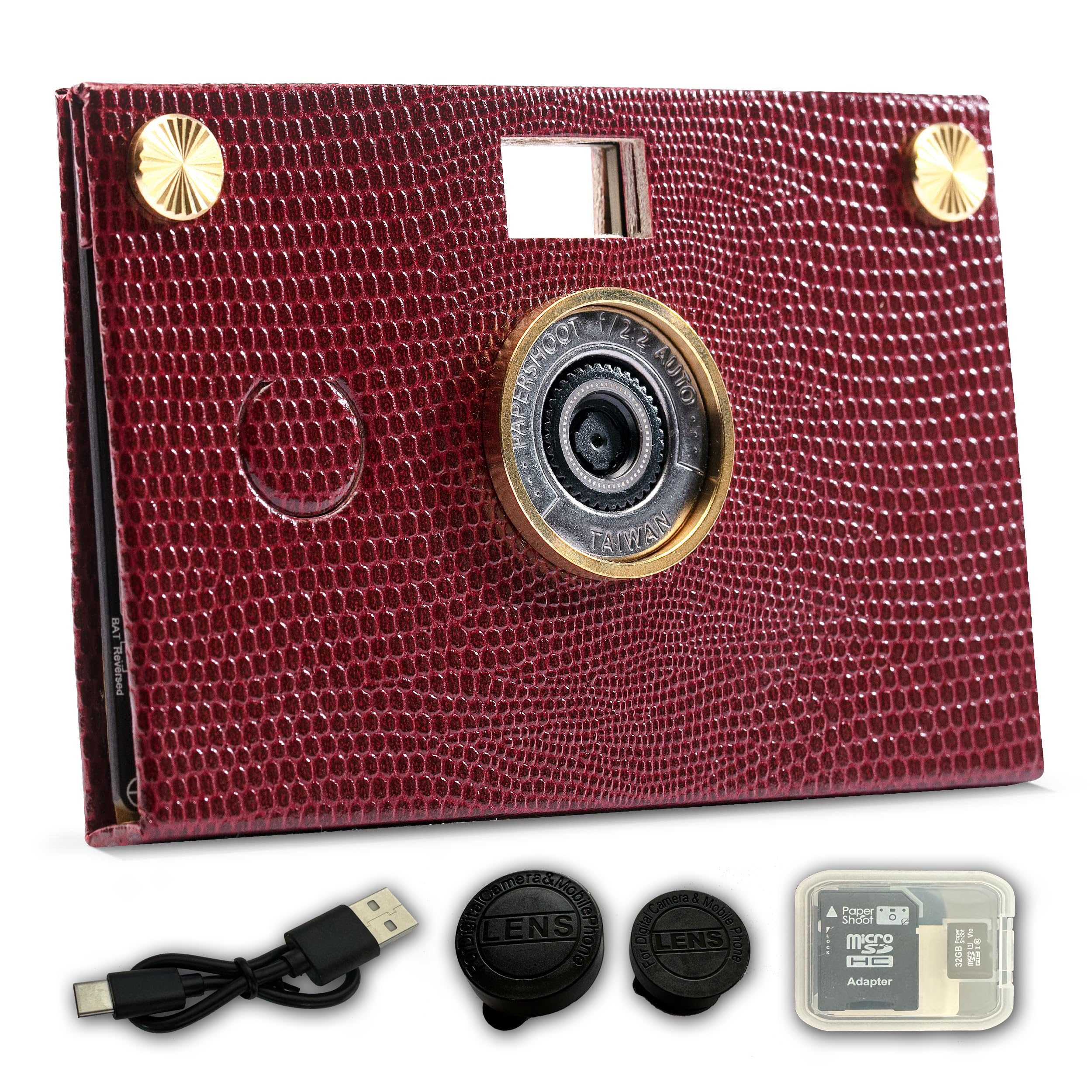 Paper Shoot Camera - 18MP Compact Digital Papershoot Camera Gift for Kid with Four Filters, 10 Sec Video & Timelapse - Includes: 32GB SD Card, 2 Effect Lens & Camera Case - Leather Red