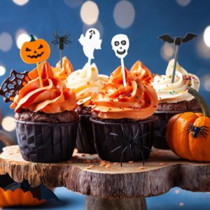 GlyinnHe 50PCS Halloween Picks Cupcake Toppers Plastic Halloween Toothpicks Halloween Cupcake Food Cocktail Appetizer Picks for Halloween Baby Shower Birthday Wedding Party Supply