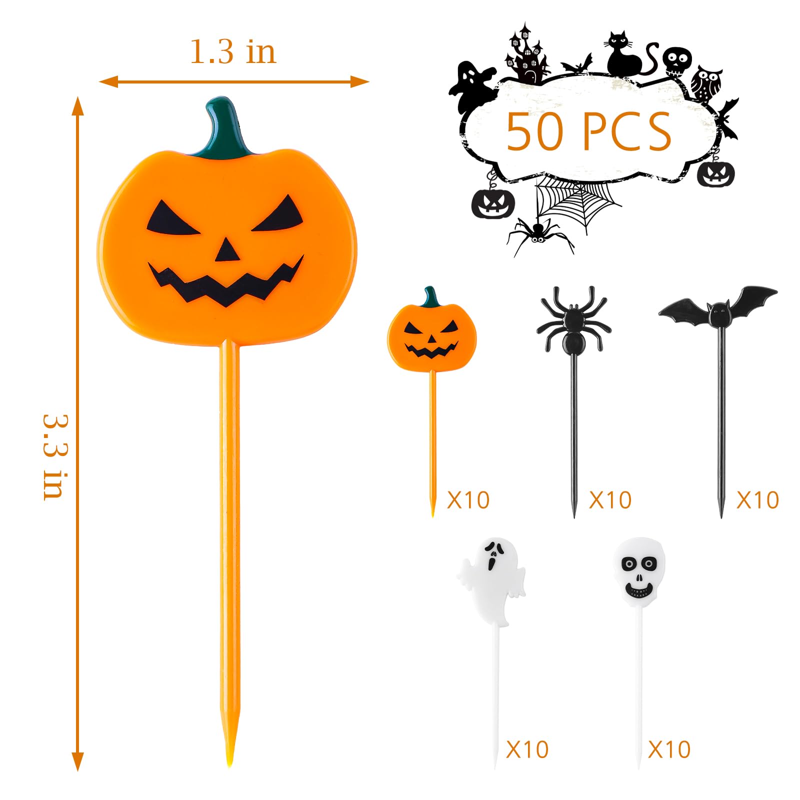 GlyinnHe 50PCS Halloween Picks Cupcake Toppers Plastic Halloween Toothpicks Halloween Cupcake Food Cocktail Appetizer Picks for Halloween Baby Shower Birthday Wedding Party Supply