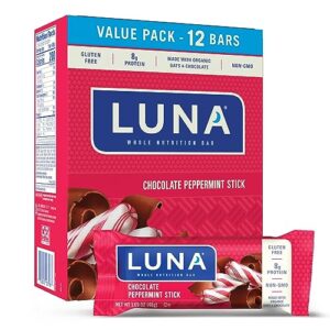 luna bar - chocolate peppermint stick - gluten-free - non-gmo - 7-9g protein - made with organic oats - low glycemic - whole nutrition snack bars - 1.69 oz. (12 pack)