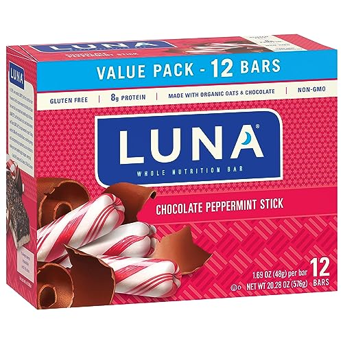 LUNA Bar - Chocolate Peppermint Stick - Gluten-Free - Non-GMO - 7-9g Protein - Made with Organic Oats - Low Glycemic - Whole Nutrition Snack Bars - 1.69 oz. (12 Pack)