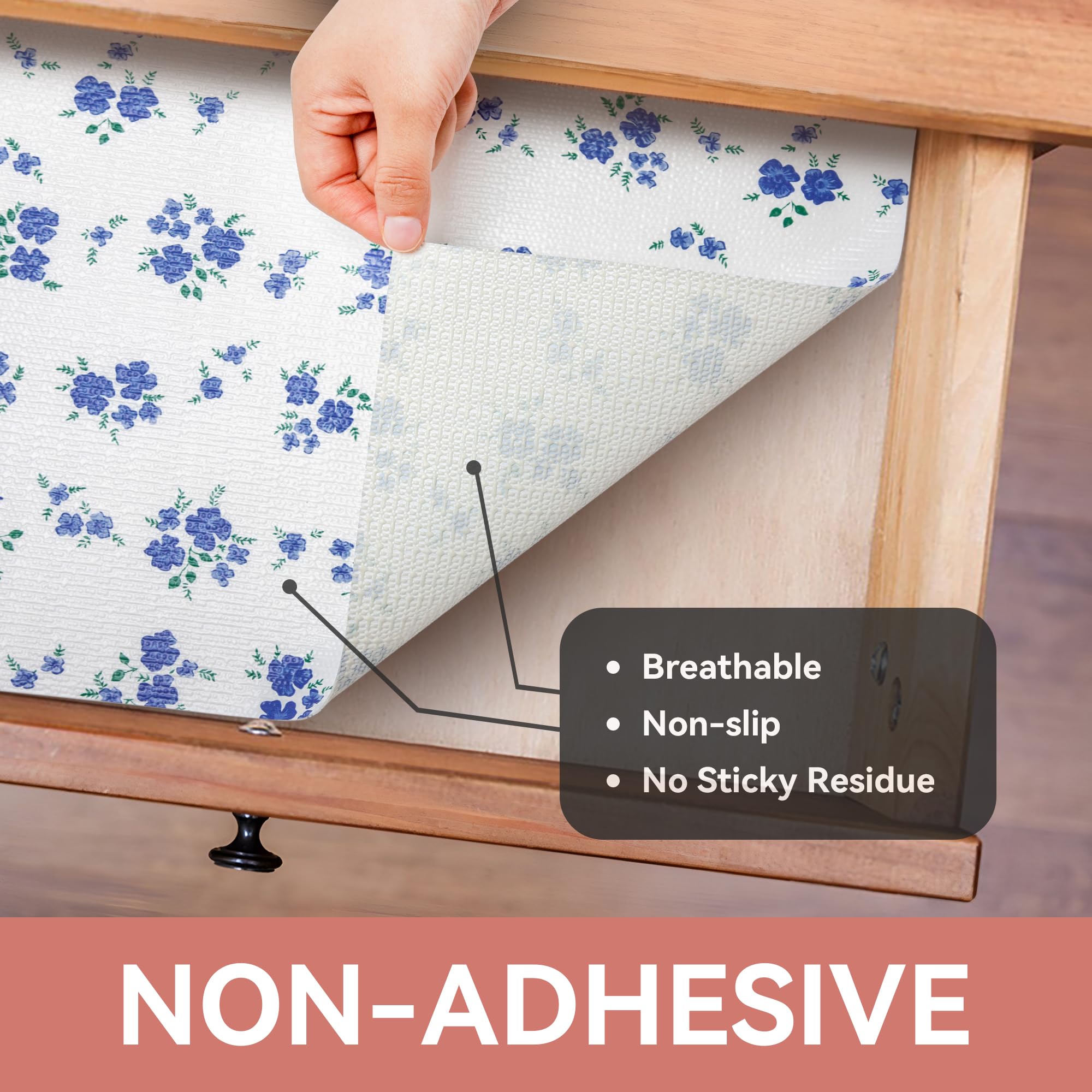 RAY STAR Shelf Liner, 18 Inch x 8 Feet Non Adhesive Blue Floral Kitchen Cabinet Liner for Pantry Drawer Vanity, Strong Grip Non Slip Waterproof, Shelf Liners for Kitchen Cabinets Cupboard