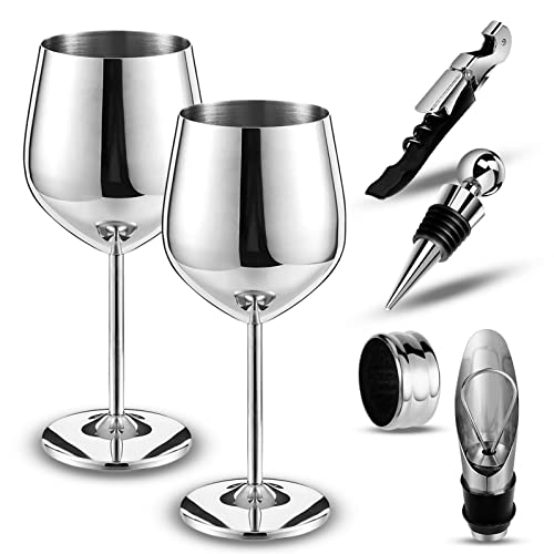 Stainless Steel Wine Glass - 18 oz – Includes 4 Accessories Wine Opener, Wine Pourer, Wine Ring and Corkscrew – Unbreakable - Metallic Wine Glasses - Stainless Steel Goblet – For All Occasions